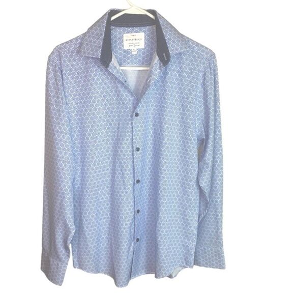 Con.Struct Mens Sz Med Blue White Slim Fit Performance 4-Way Stretch Sport Shirt - Picture 1 of 7